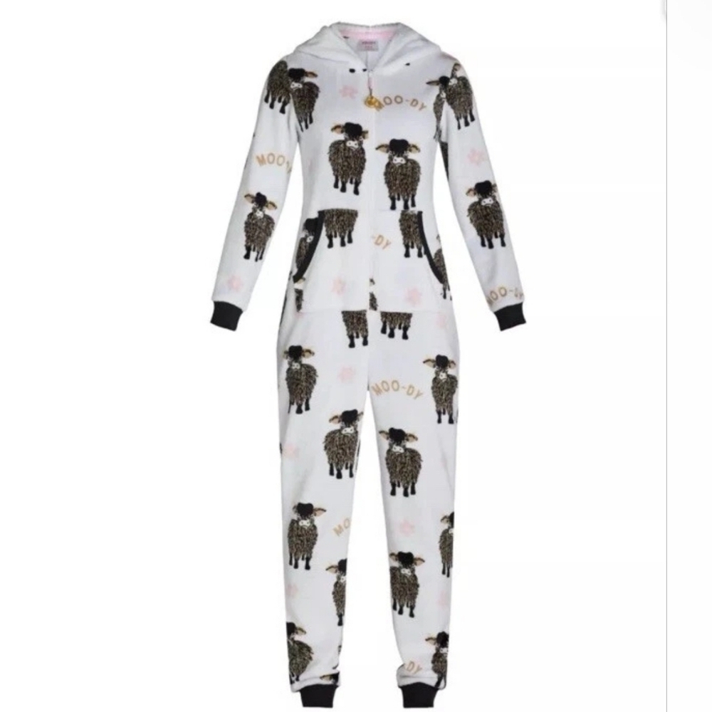 Just a Lil Moo-dy Highland Cow Jumpsuit Pajamas XS Women's New Costume Plush